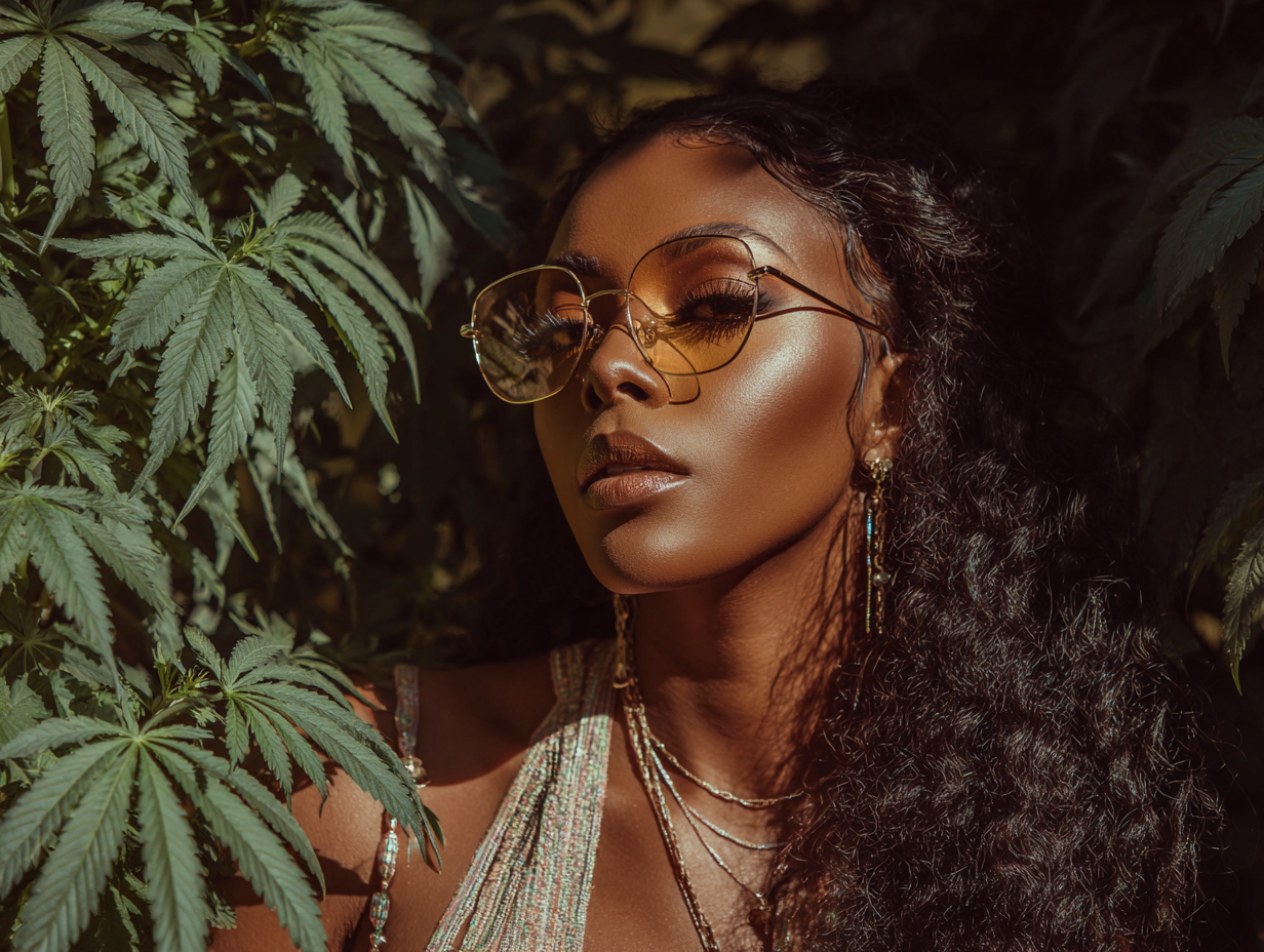 Portrait of a stylish woman with curly hair and gold sunglasses among lush green cannabis plants in warm, golden light.