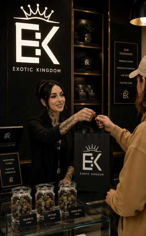 Budtender serving a customer at the Exotic Kingdom dispensary counter.