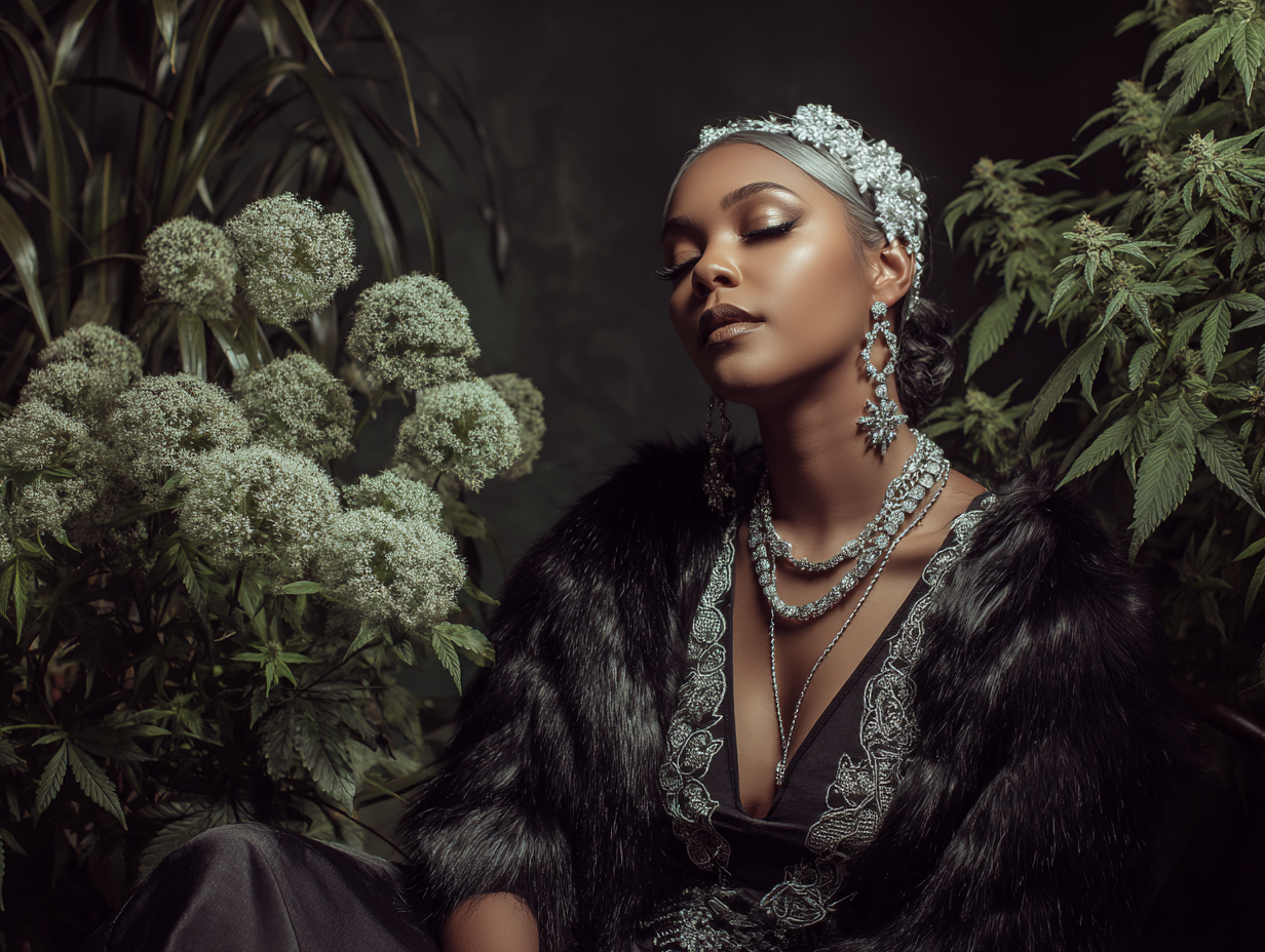 Exotic Kingdom brand story: luxe portrait with botanical and cannabis foliage in dramatic light.